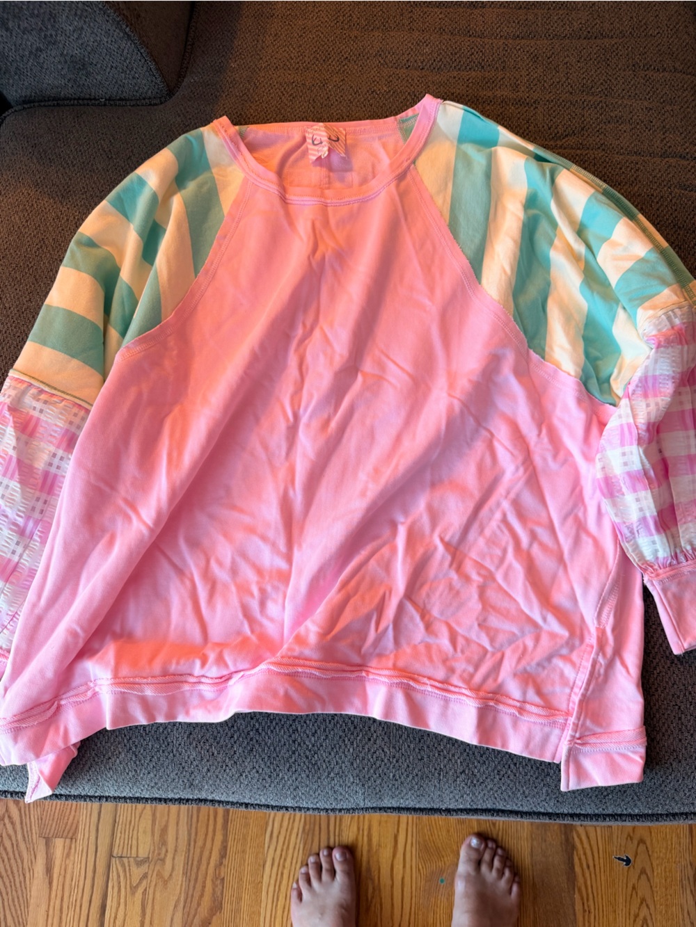 Pink Raglan Pullover with Striped Sleeves